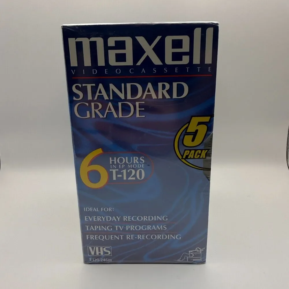 5 Pack T-120 Maxell Standard Grade 6hrs Blank VHS Video Tapes Brand New Sealed